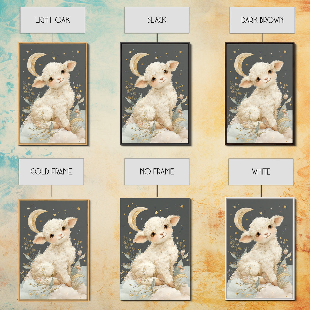 Little Lamb under a Starry Sky Framed Canvas Print, Nursery Art, Nursery Wall Art, Nursery Decor, Nursery, Woodland Nursery, NUR-2x3-75