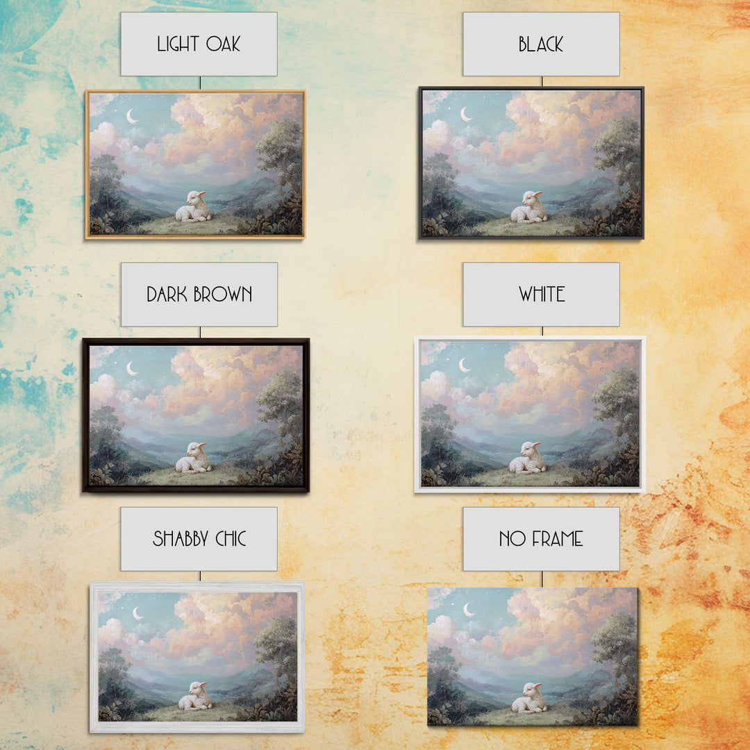 Little Lamb under a Starry Sky Framed Canvas Print, Nursery Art, Room Decor, Nursery Decor, Oil Painting, Nursery, NUR-3x2-47