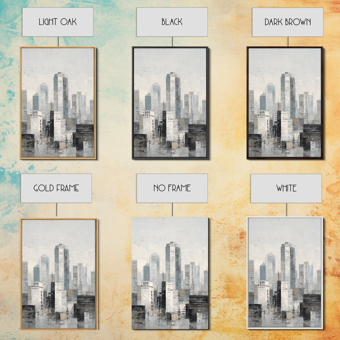 Black and White City Skyline Silhouette Framed Canvas Print, Office Art, Wall Decor, Office Decor, Abstract Art, Focus, OFF-2x3-37