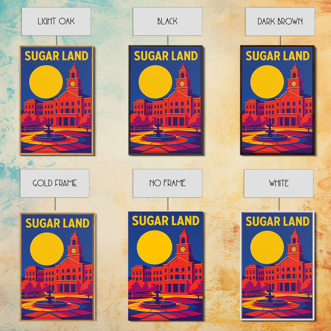 Sugar Land Texas Travel Poster, Framed Canvas Print, Vibrant Retro Travel Art, Sugar Land Art Print, City Art Print, Vintage City Poster