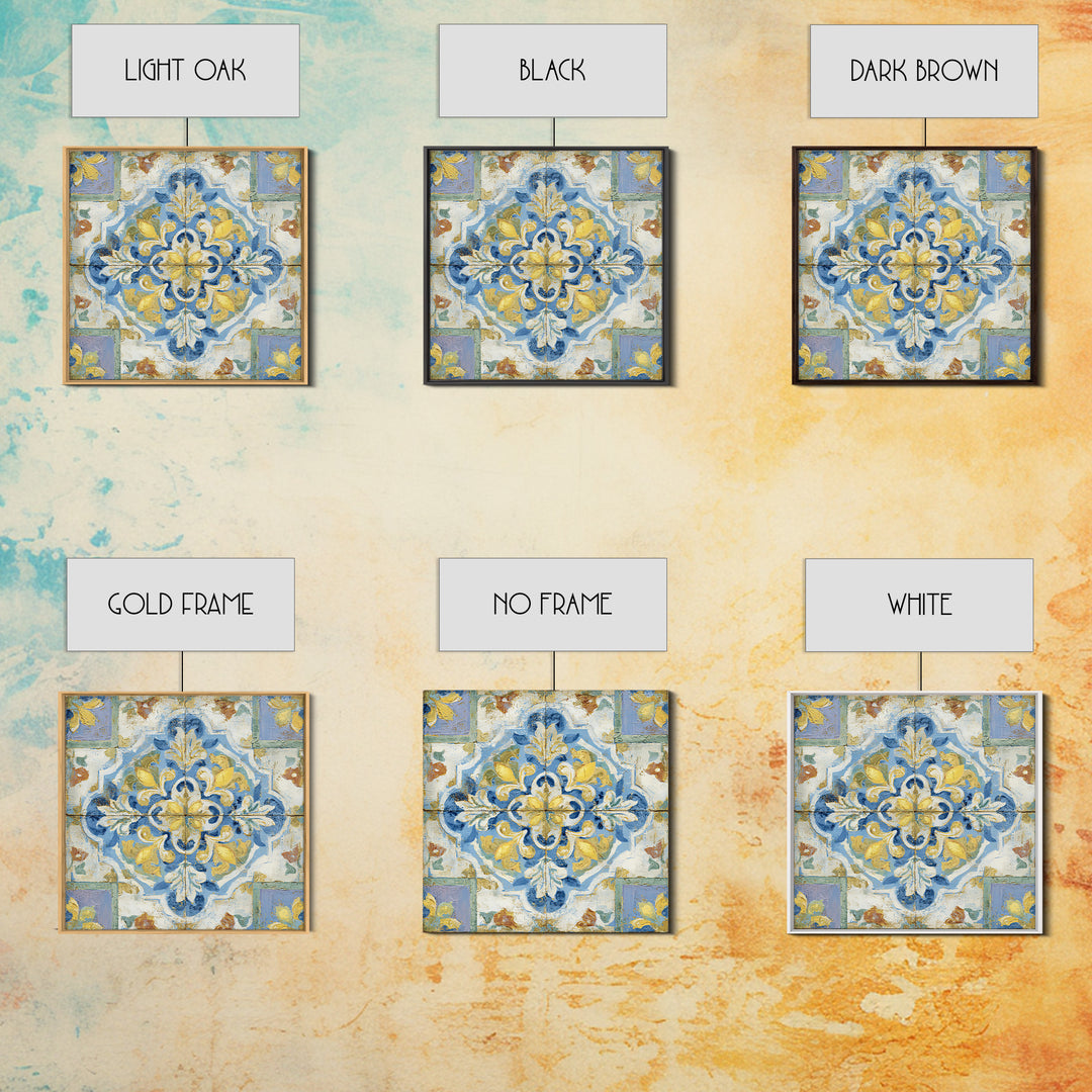 Mediterranean Lemons and Blue Tile Pattern Framed Canvas Print, Patio Art, Patio Decor, Fine Art, Outdoor, Gallery Decor, PAT-1x1-2