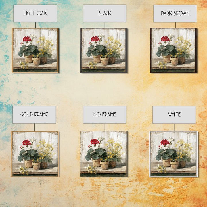 Potted Geraniums in Rustic Clay Pots Framed Canvas Print, Patio Art, Family Wall Art, Patio Decor, Fine Art, Outdoor, PAT-1x1-38