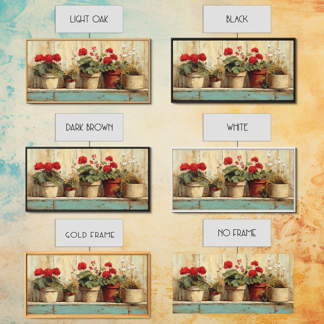 Potted Geraniums in Rustic Clay Pots Framed Canvas Print, Patio Art, Art Print, Patio Decor, Fine Art, Outdoor, Garden Decor, PAT-2x1-34
