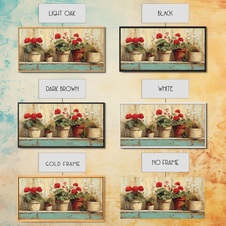 Potted Geraniums in Rustic Clay Pots Framed Canvas Print, Patio Art, Art Print, Patio Decor, Fine Art, Outdoor, Garden Decor, PAT-2x1-34