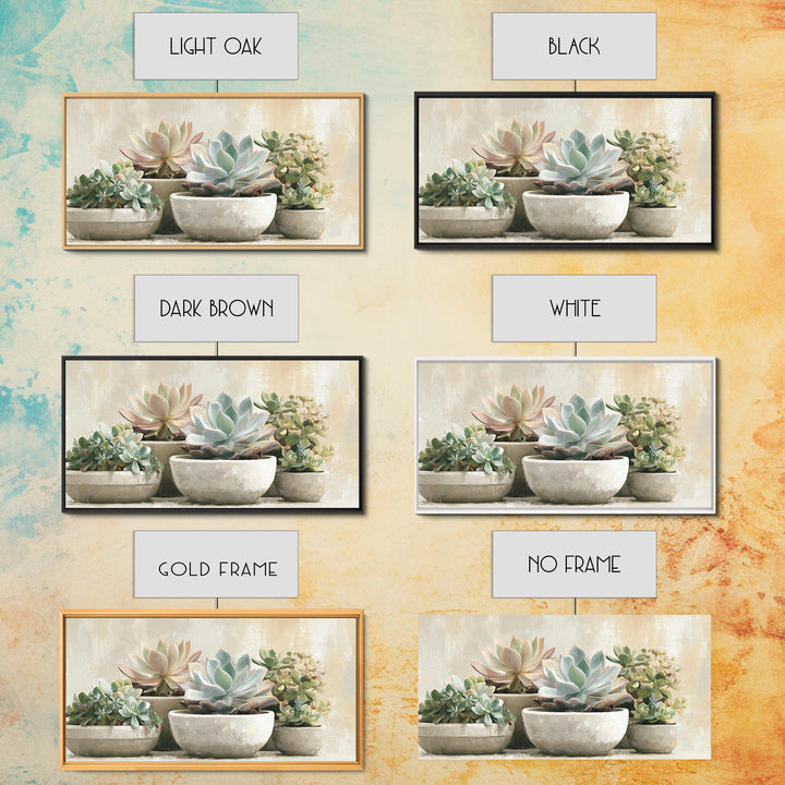 Succulent Collection in Ceramic Planters Framed Canvas Print, Patio Art, Metal Wall Art, Patio Decor, Abstract Art, Outdoor, PAT-2x1-65