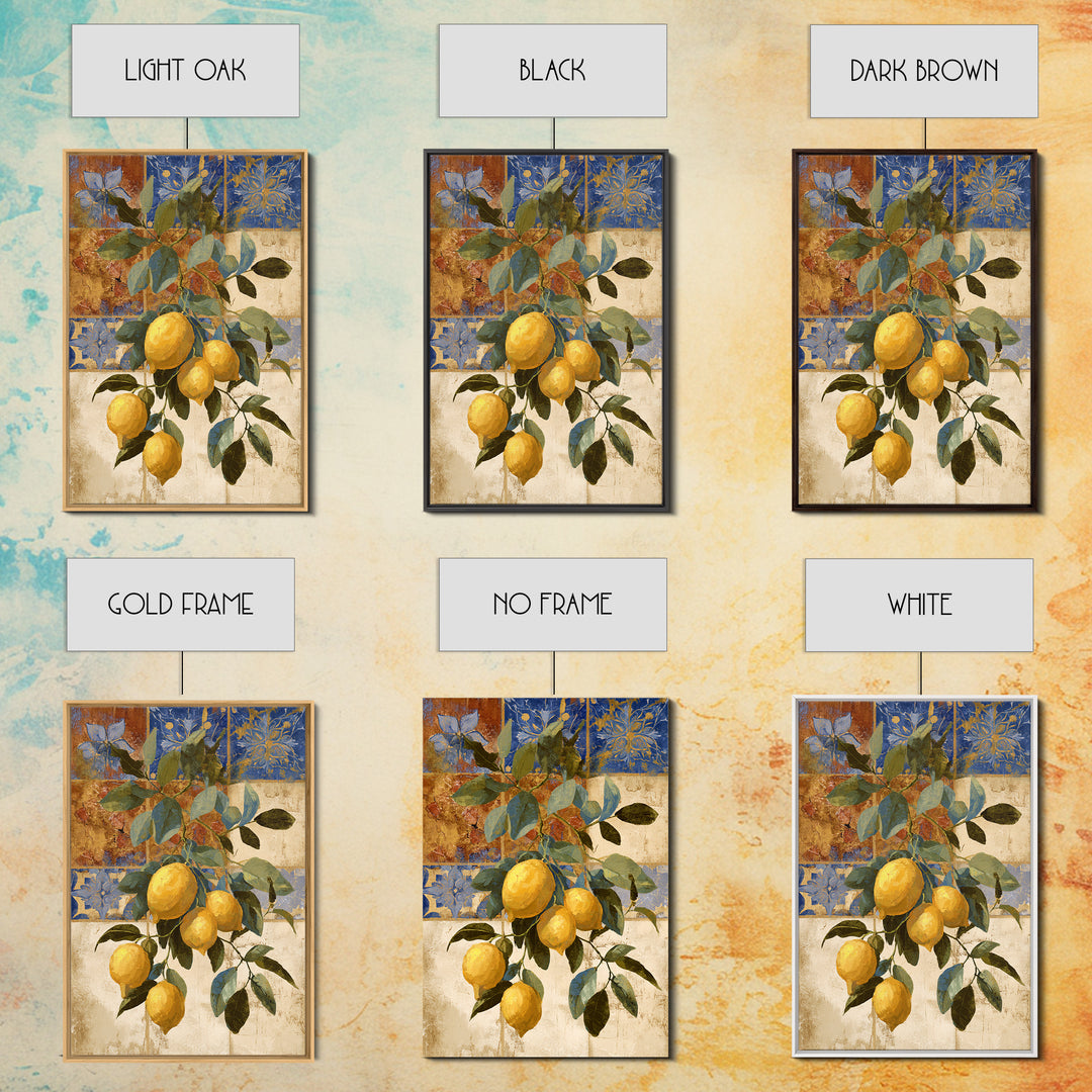 Mediterranean Lemons and Blue Tile Pattern Framed Canvas Print, Patio Art, Contemporary Art, Patio Decor, Fine Art, Outdoor, PAT-2x3-34
