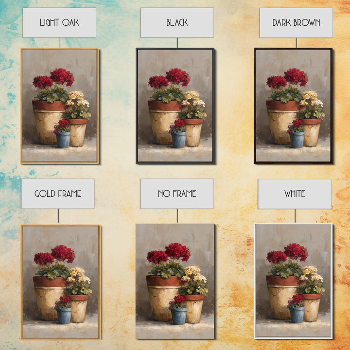 Potted Geraniums in Rustic Clay Pots Framed Canvas Print, Patio Art, Textured Painting, Patio Decor, Fine Art, Outdoor, PAT-2x3-46