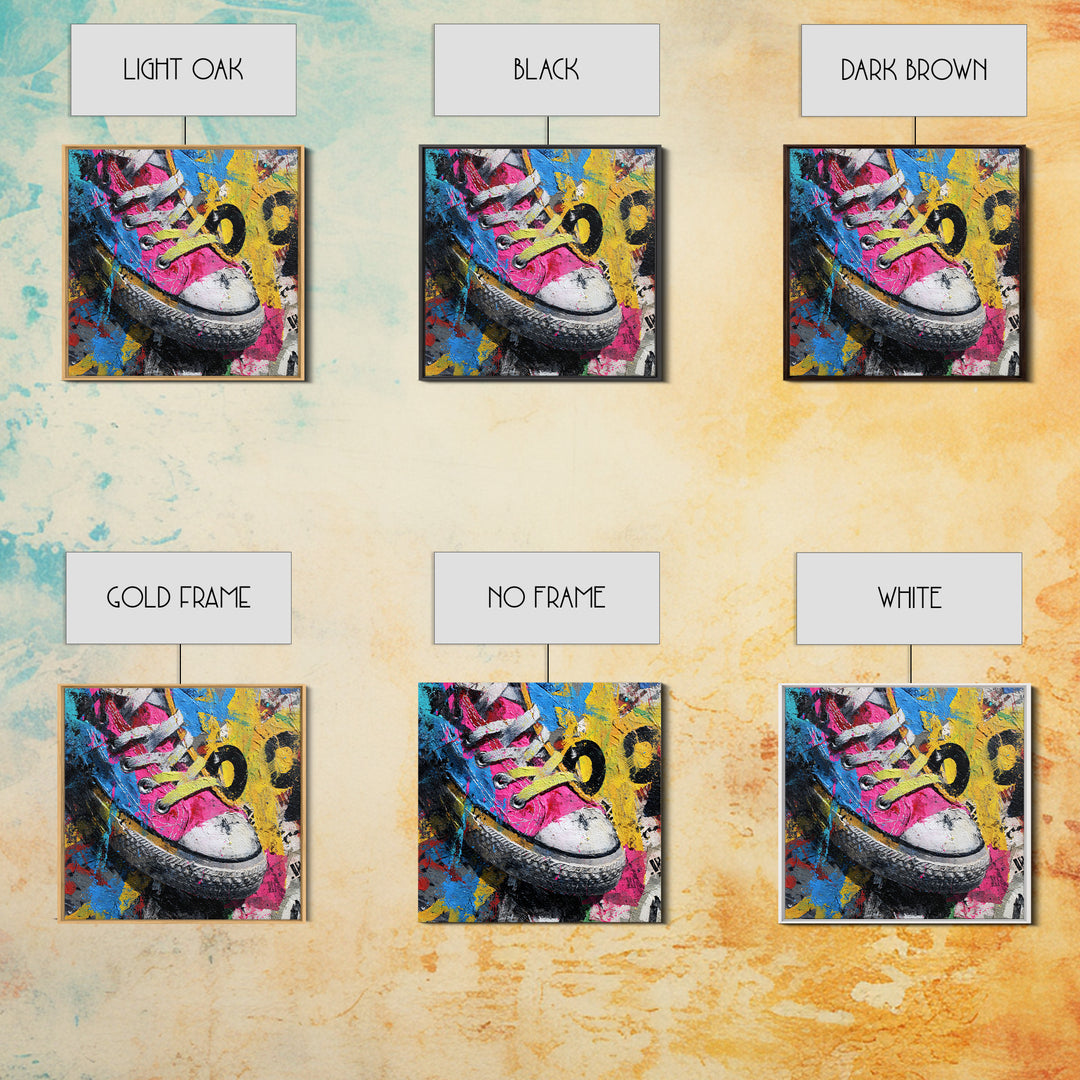 Sneaker Closeup in Bright Pop Colors Framed Canvas Print, Pop Art, Mexican Art, Living Room Decor, Oil Painting, Pop, POP-1x1-43