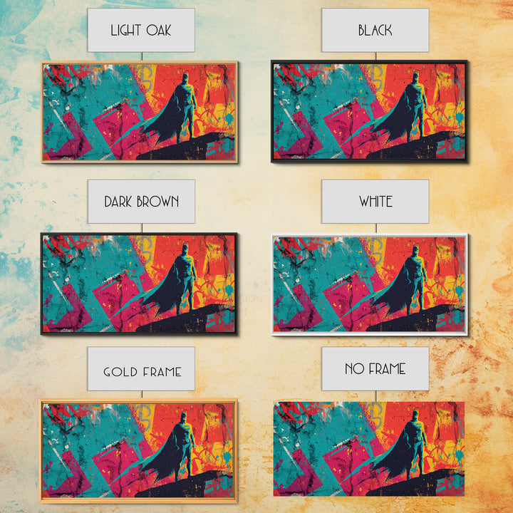 Superhero Silhouette in Dynamic Color Fields Framed Canvas Print, Pop Art, Living Room Decor, Abstract Art, Pop, POP-2x1-35