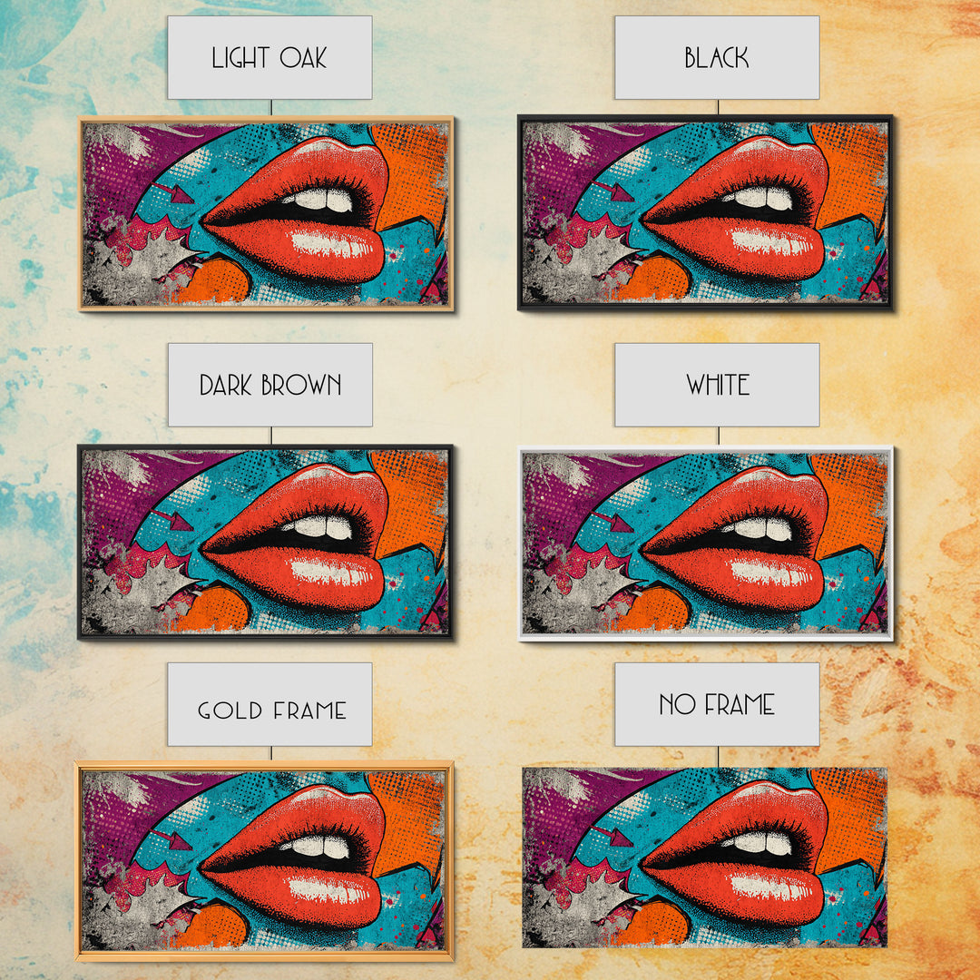 Bold Comic Lips Framed Canvas Print, Pop Art, Decor, Living Room Decor, Fine Art, Pop, Dopamine Decor, Mexican Art, Modern Art, POP-2x1-45
