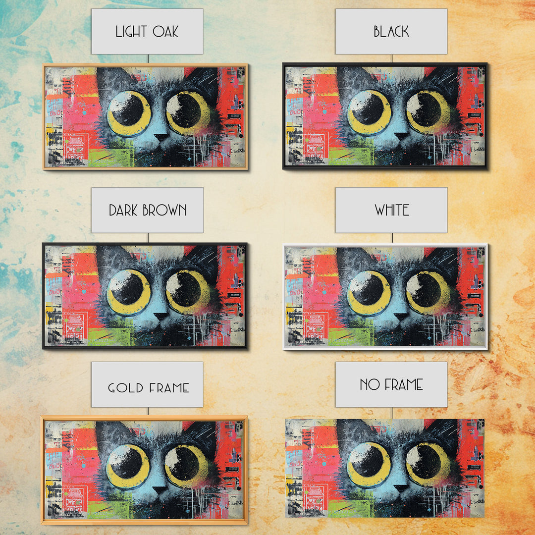 Comic Cat with Oversized Eyes Framed Canvas Print, Pop Art, Home Decor, Living Room Decor, Fine Art, Pop, Canvas Wall Art, POP-2x1-86