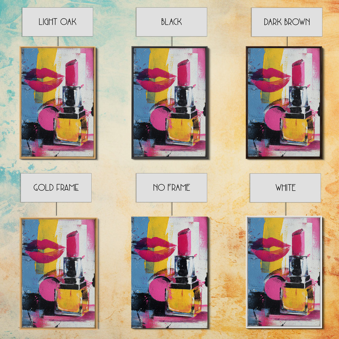 Lipstick and Perfume Fashion Still Life Framed Canvas Print, Pop Art, Canvas Wall Art, Living Room Decor, Fine Art, Pop, POP-2x3-28