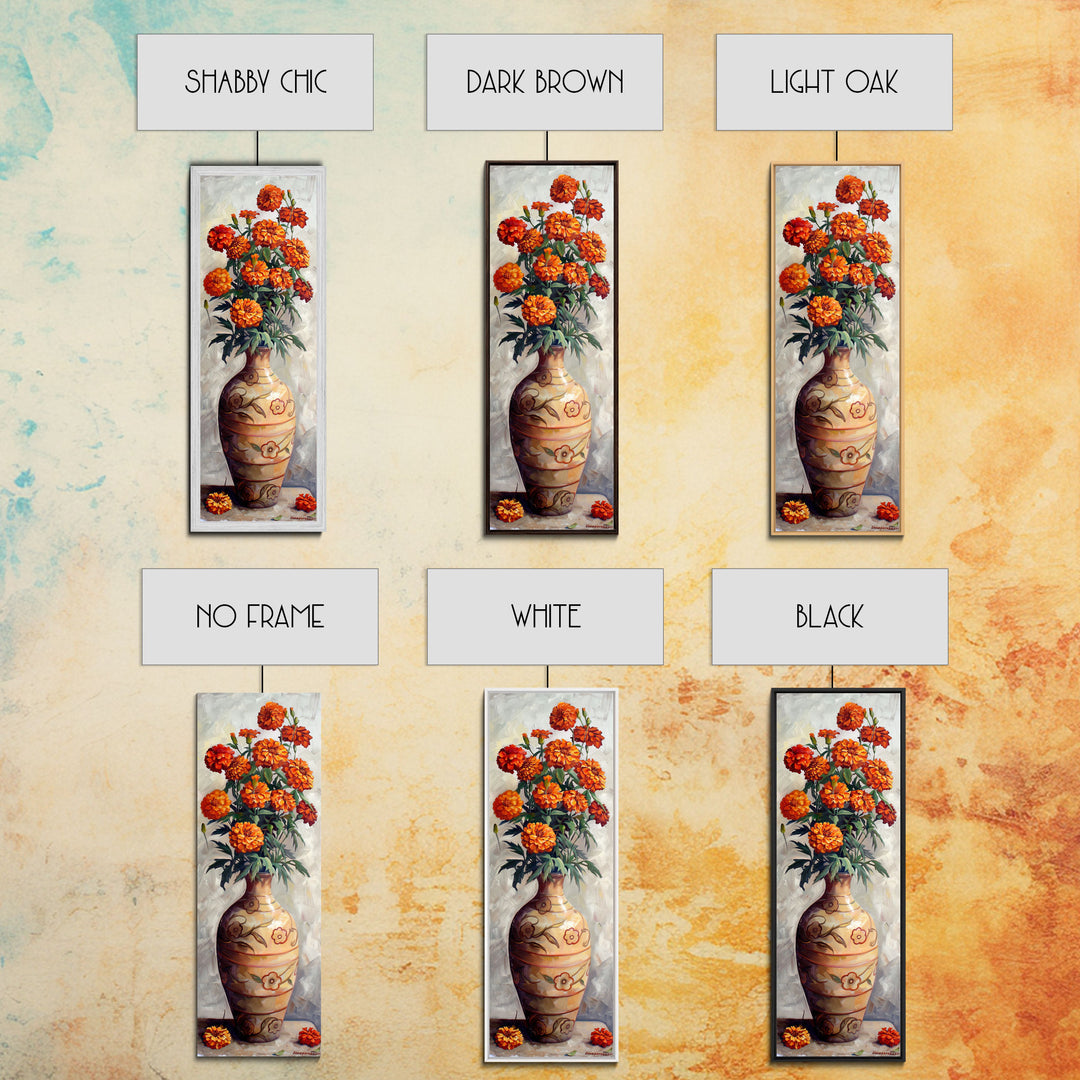 Orange Marigolds in Vase Painted on Textured Canvas, Tall and Narrow Framed Art, Botanical Art Print for Kitchen, Gallery Art, Moody Art