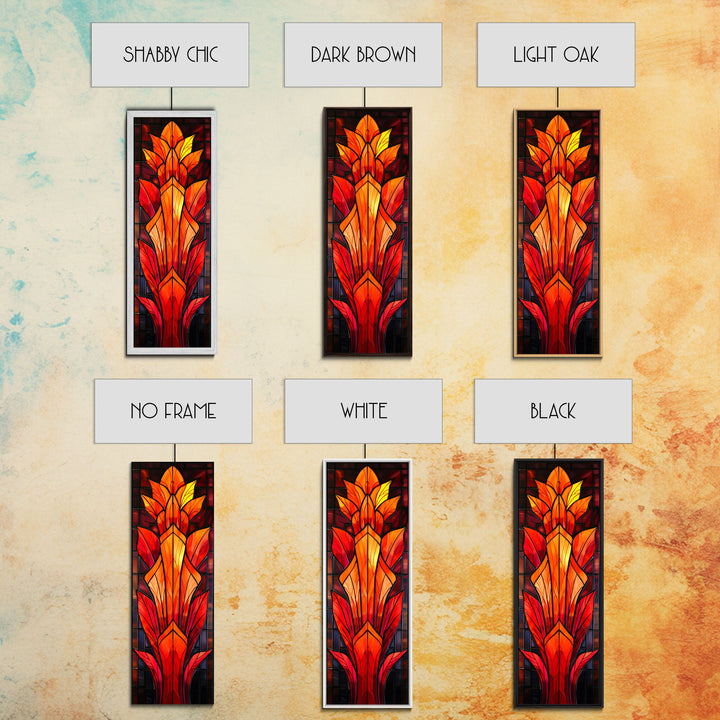 Red and Orange Floral Stained Glass Design - Framed Canvas Print, Midcentury Modern Art, Skinny Art, Tall Art, Living Room Wall Decor, Boho Art