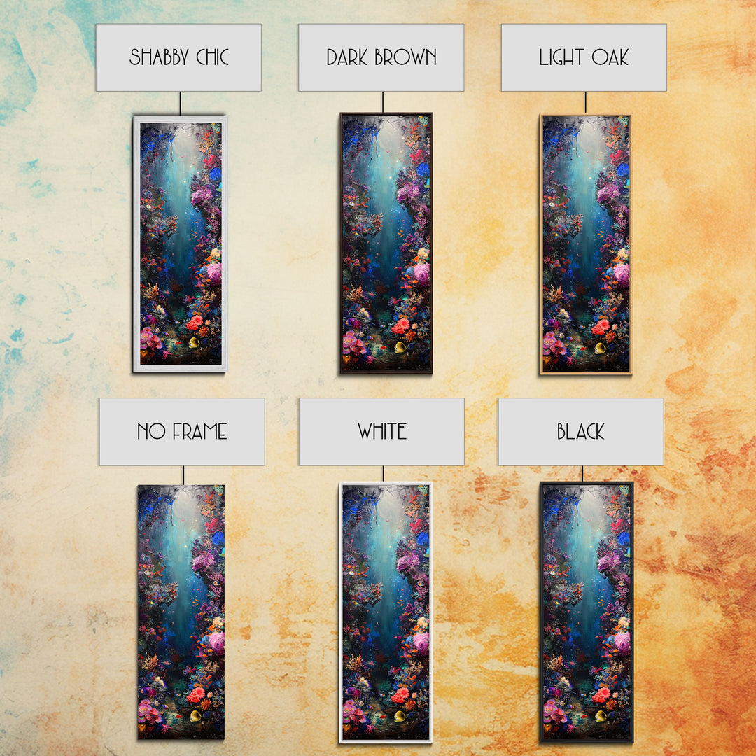 Deep Sea Adventure with Colorful Coral Reefs, Skinny and Tall Art, Stunning Framed Canvas Print, Underwater Landscape Wall Art