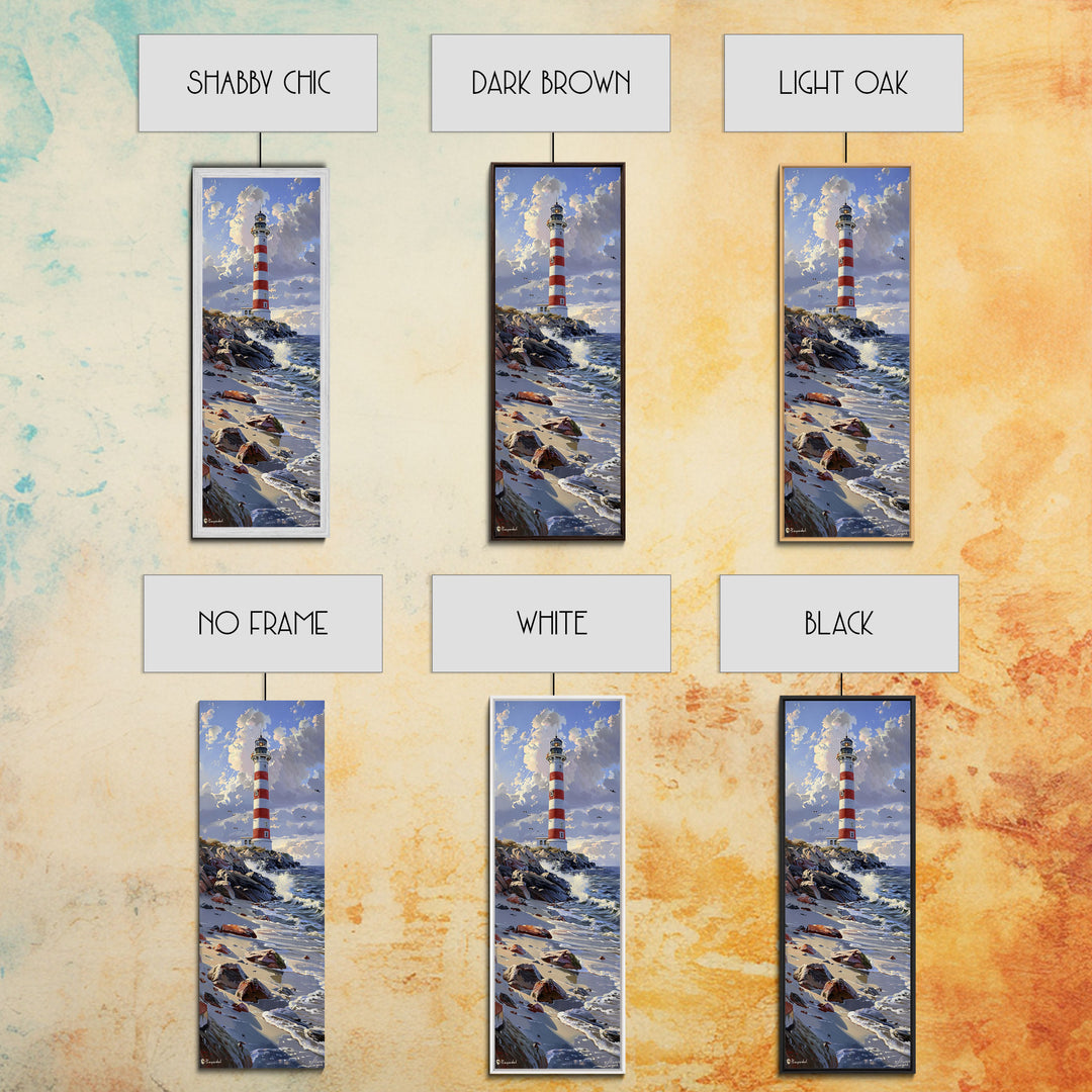 Framed Canvas Print Skinny Art of a Majestic Lighthouse Standing Tall Against a Bright Blue Sky with Waves Crashing on Rocky Shores, Perfect Tall Art