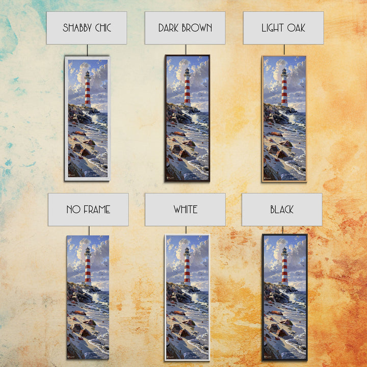 Framed Canvas Print Skinny Art of a Majestic Lighthouse Standing Tall Against a Bright Blue Sky with Waves Crashing on Rocky Shores, Perfect Tall Art