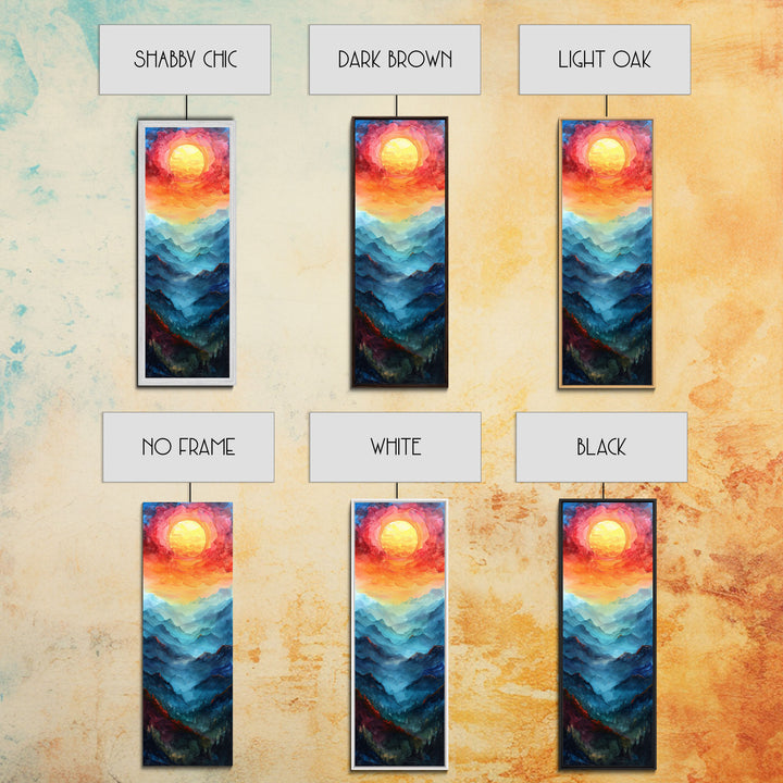 Majestic Sunrise Over Mountain Range Boho Sunset Landscape Framed Canvas Print Tall Art Japanese Style Art