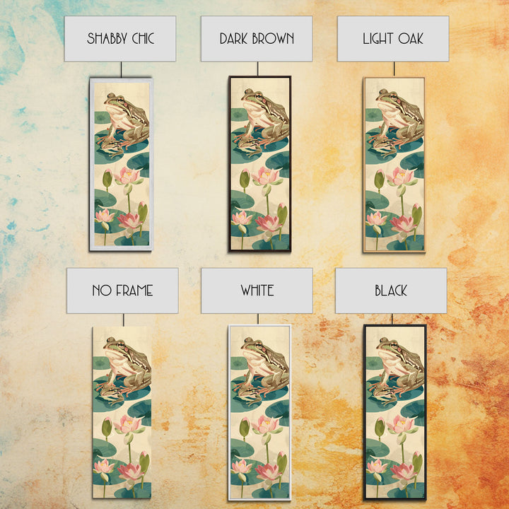 Frogs On Lily Pads Canvas In Japanese Ukiyo-e Style, Traditional Woodblock Print, Framed Canvas Print, Tall Skinny Japanese Wall Art, Ready To Hang