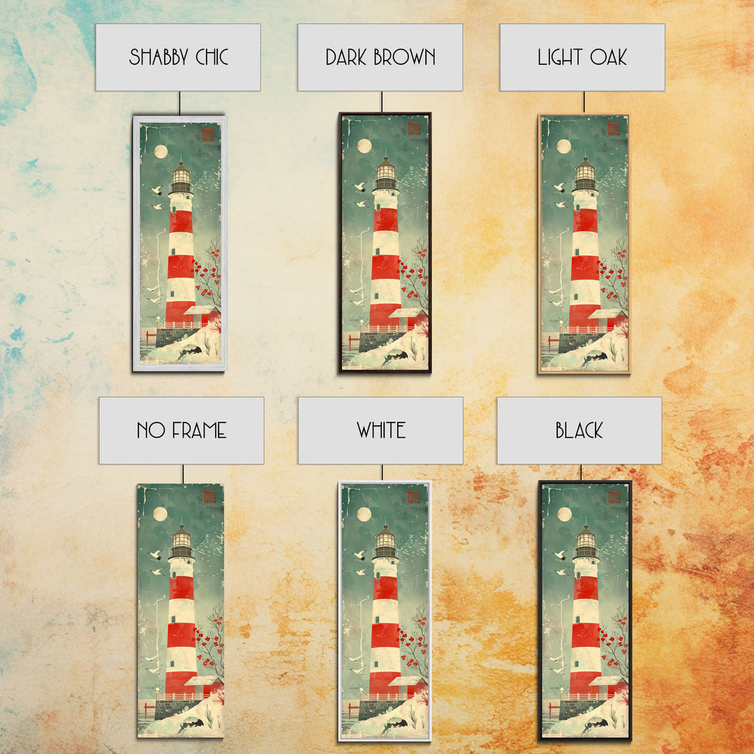 Japanese Woodblock Print Of A Traditional Lighthouse Surrounded By Seagulls Framed Canvas Print Ready To Hang For Wall Art Decor