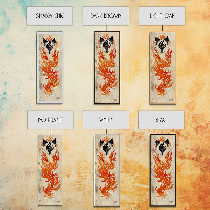 Fiery Kitsune Spirit Skinny Art Tall Art Japanese Ukiyo-e Inspired Mythical Creature Framed Canvas Print