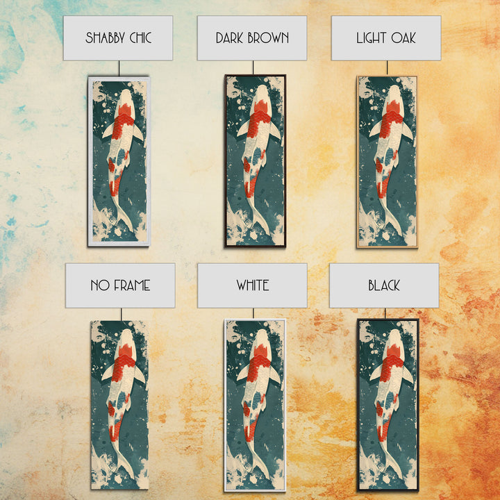 Serene Koi Fish Swimming in Deep Blue Water with Red Accents on Tall Vertical Japanese-Inspired Canvas Print