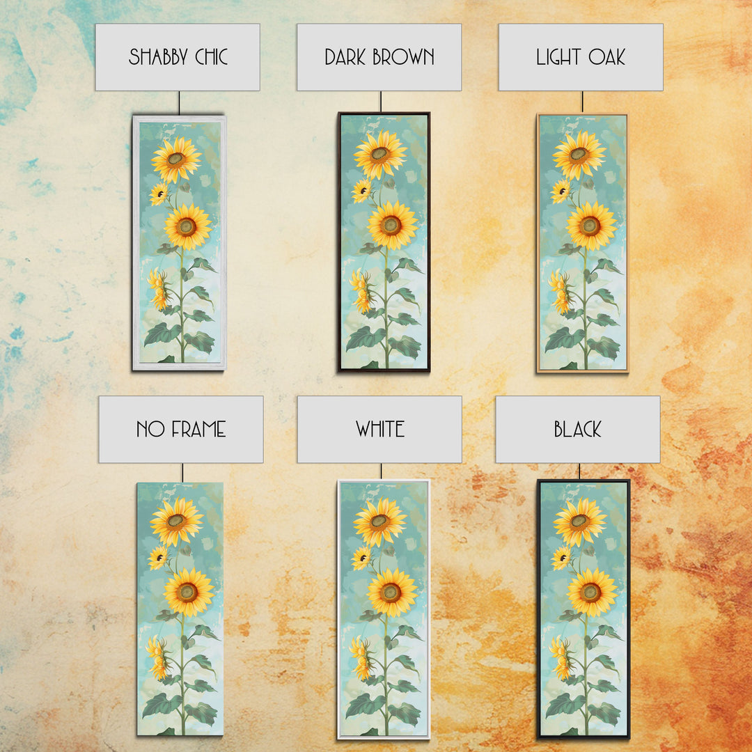 Japanese Skinny Art of Sunflowers with Golden Petals and Verdant Stems on a Pastel Blue Background – Framed Canvas Print