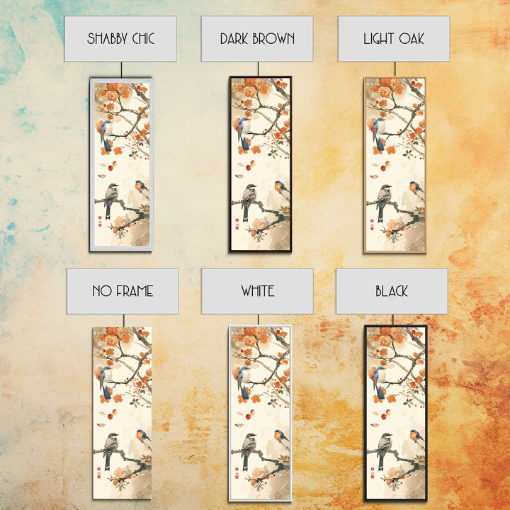 Japanese Art Inspired by Tranquil Birds and Blossoms, Framed Canvas Print for Tall Skinny Art Lovers in Ukiyo-e Style