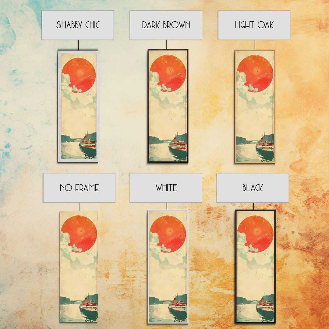 Large Red Sun Over River, Japanese Art Inspired by Ukiyo-e, Framed Canvas Print for Tall Skinny Wall Spaces