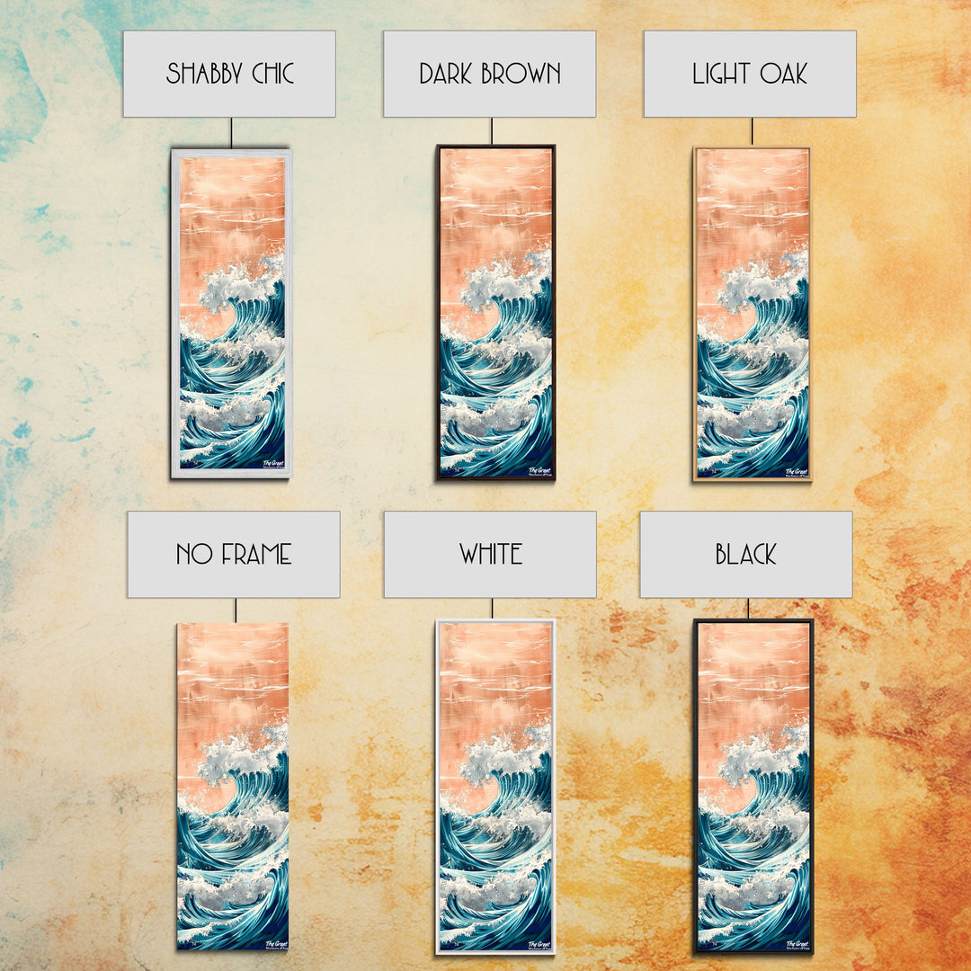 Majestic Wave, Peach Sky, Japanese Art, Skinny Art, Tall Art, Framed Canvas Print, Ukiyo-e Style