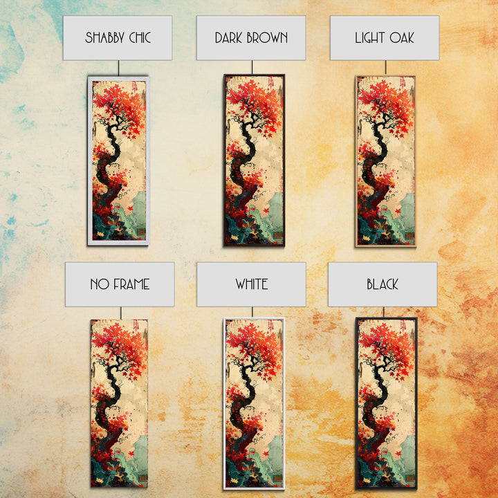 Twisted Tree with Red Maple Leaves Skinny Art Ukiyo-e Japanese Framed Canvas Print in Autumn Colors