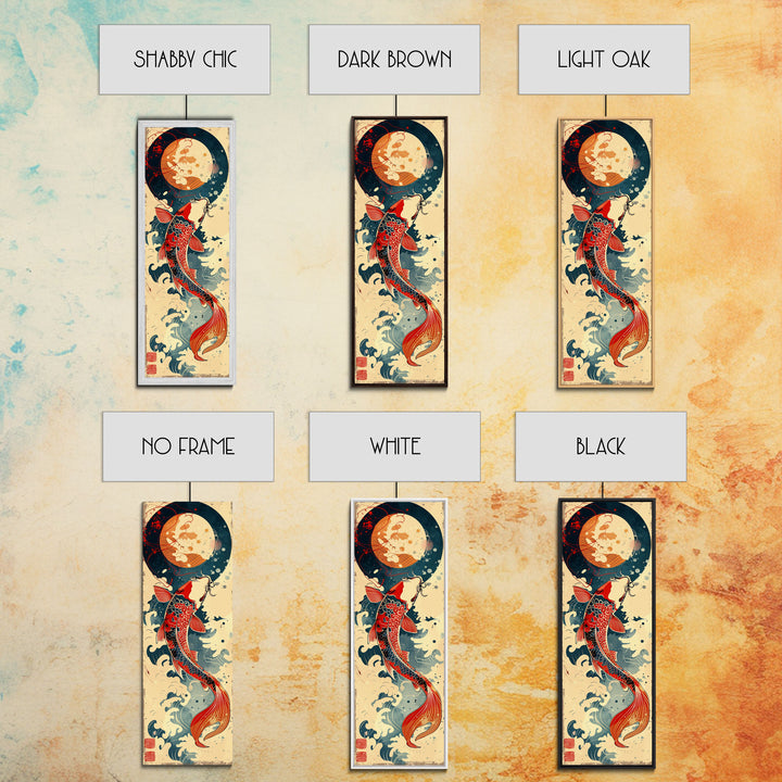 Vibrant Koi Fish Swimming Toward the Moon Skinny Art Ukiyo-e Tall Framed Canvas Print with Japanese Mythology Elements