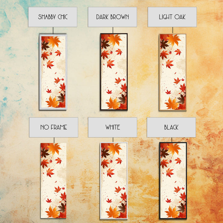 Skinny Art Autumn Leaves In Japanese Style Wood Block Print Warm Red And Orange Tones On Framed Canvas Print, Tall Art Ukiyo-e