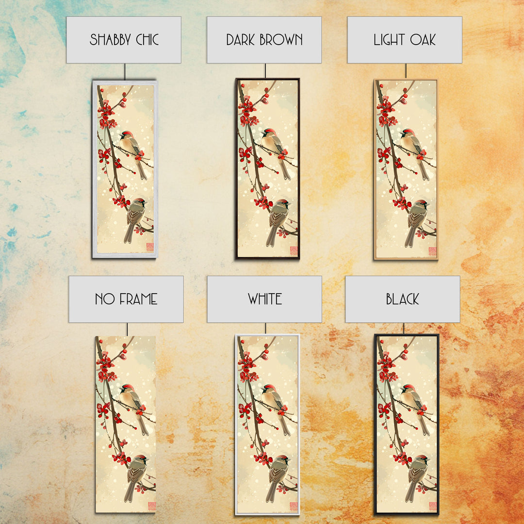 Skinny Art Sparrows And Cherry Blossoms In Japanese Style Wood Block Print Gentle Color Palette On Framed Canvas Print, Tall Art Ukiyo-e