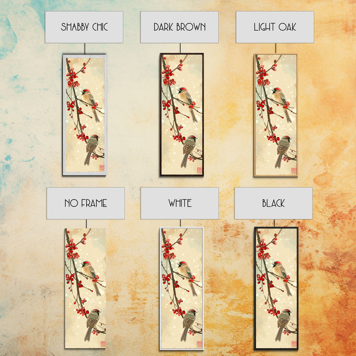 Skinny Art Sparrows And Cherry Blossoms In Japanese Style Wood Block Print Gentle Color Palette On Framed Canvas Print, Tall Art Ukiyo-e