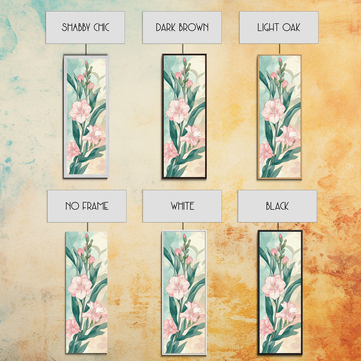 Skinny Art Pink Oleander Flowers In Japanese Style Wood Block Print Elegant Pastel Hues On Framed Canvas Print, Tall Art Ukiyo-e