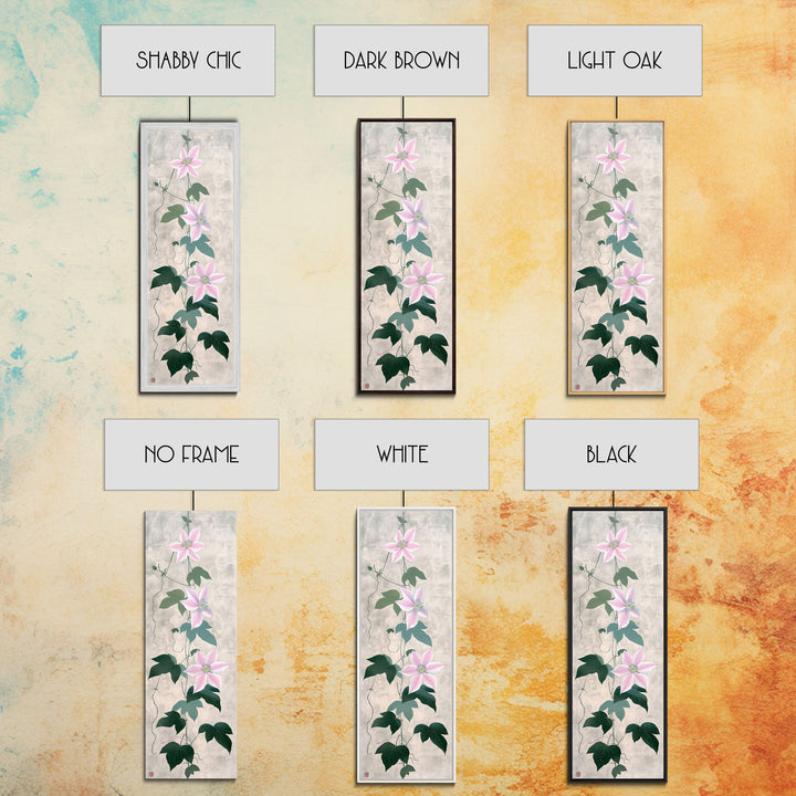 Skinny Art Clematis Vine In Japanese Style Wood Block Print Soft Pink Flowers On Framed Canvas Print, Tall Art Ukiyo-e