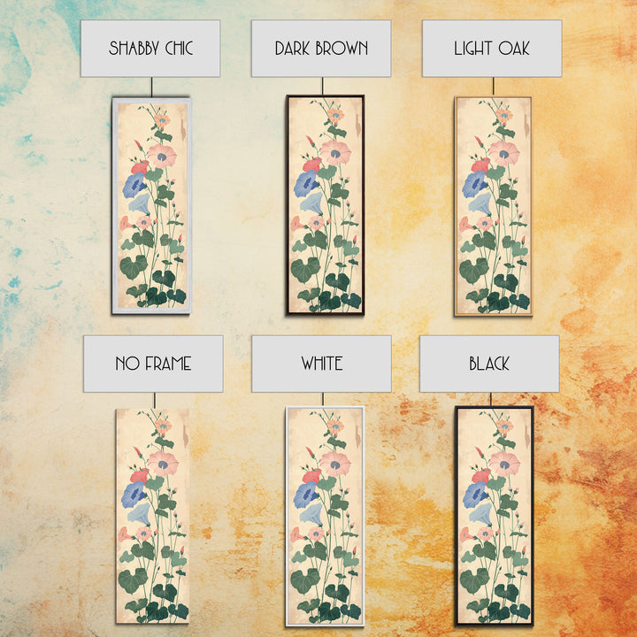 Skinny Art Tall Art Framed Canvas Print Stylized Morning Glory Blossoms In Subtle Pastel Hues Ukiyo-e Japanese Style Art Wood Block Print