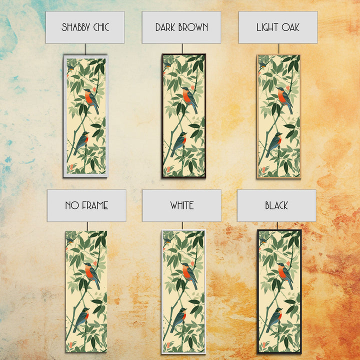 Skinny Art Tall Art Framed Canvas Print Birds Amongst Dense Greenery And Red Flowers Ukiyo-e Japanese Style Art Wood Block Print