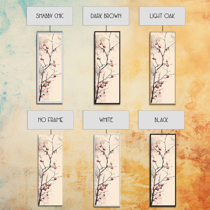 Minimalist Japanese Tree Branch With Red Berries, Ukiyo-e Woodblock Style Canvas, Framed Canvas Print, Japanese Tall Skinny Wall Art, Ready To Hang