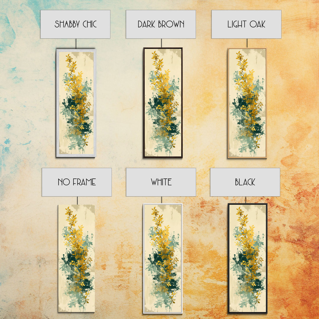 Golden Foliage Set Against Green Textured Background Skinny Art Tall Art Framed Canvas Print Japanese Style Art Ukiyo-e Art Wood Block Print Natural Elegant