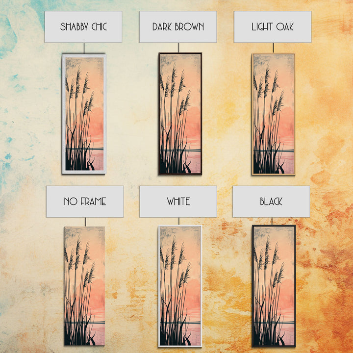 Reeds Silhouetted Against Soft Orange Sunset Skinny Art Tall Art Framed Canvas Print Japanese Style Art Ukiyo-e Art Wood Block Print Tranquil Scenic