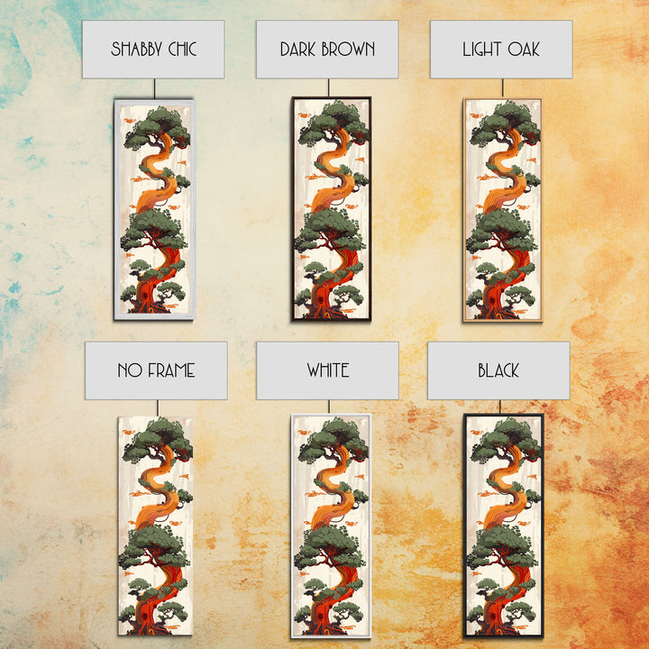 Curved Tree With Green Foliage Ukiyo-e Art Japanese Style Framed Canvas Print Wood Block Print Skinny Art Tall Art