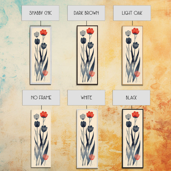 Minimalist Tulips In Red And Gray On Beige Background Framed Canvas Print Ukiyo-e Art Wood Block Print Japanese Style Skinny Art Tall Art
