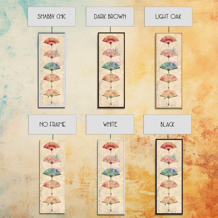 Japanese Folding Fans Cultural Art On Framed Canvas Print In Ukiyo-e Style Tall Skinny Traditional Wood Block Wall Decor