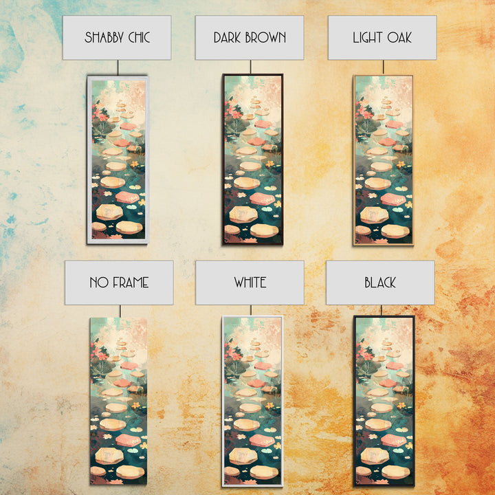 Stepping Stones In Japanese Garden Tranquil Path Art On Framed Canvas Print In Ukiyo-e Style Tall Skinny Wood Block Wall Decor