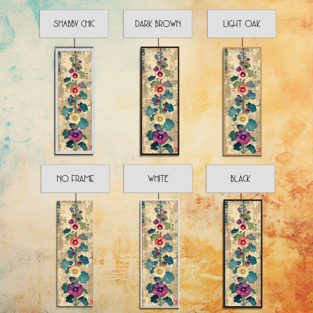 Colorful Hollyhock Flowers Traditional Japanese Woodblock Style Tall Skinny Framed Canvas Print Wall Art
