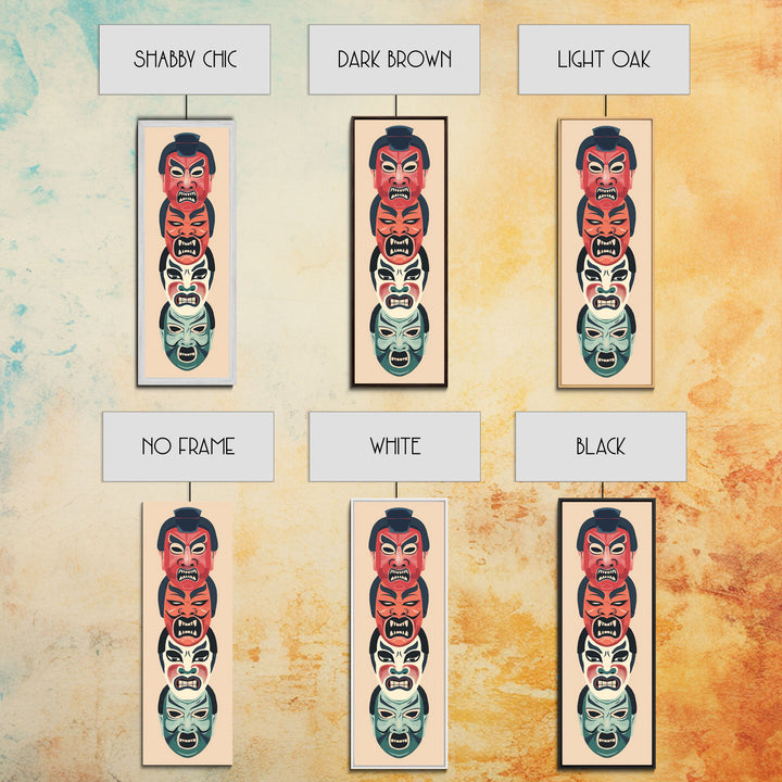 Bold Striking Japanese Kabuki Masks Vibrant Colors Depicted Traditional Style Tall Framed Canvas Print Cultural Home Decor