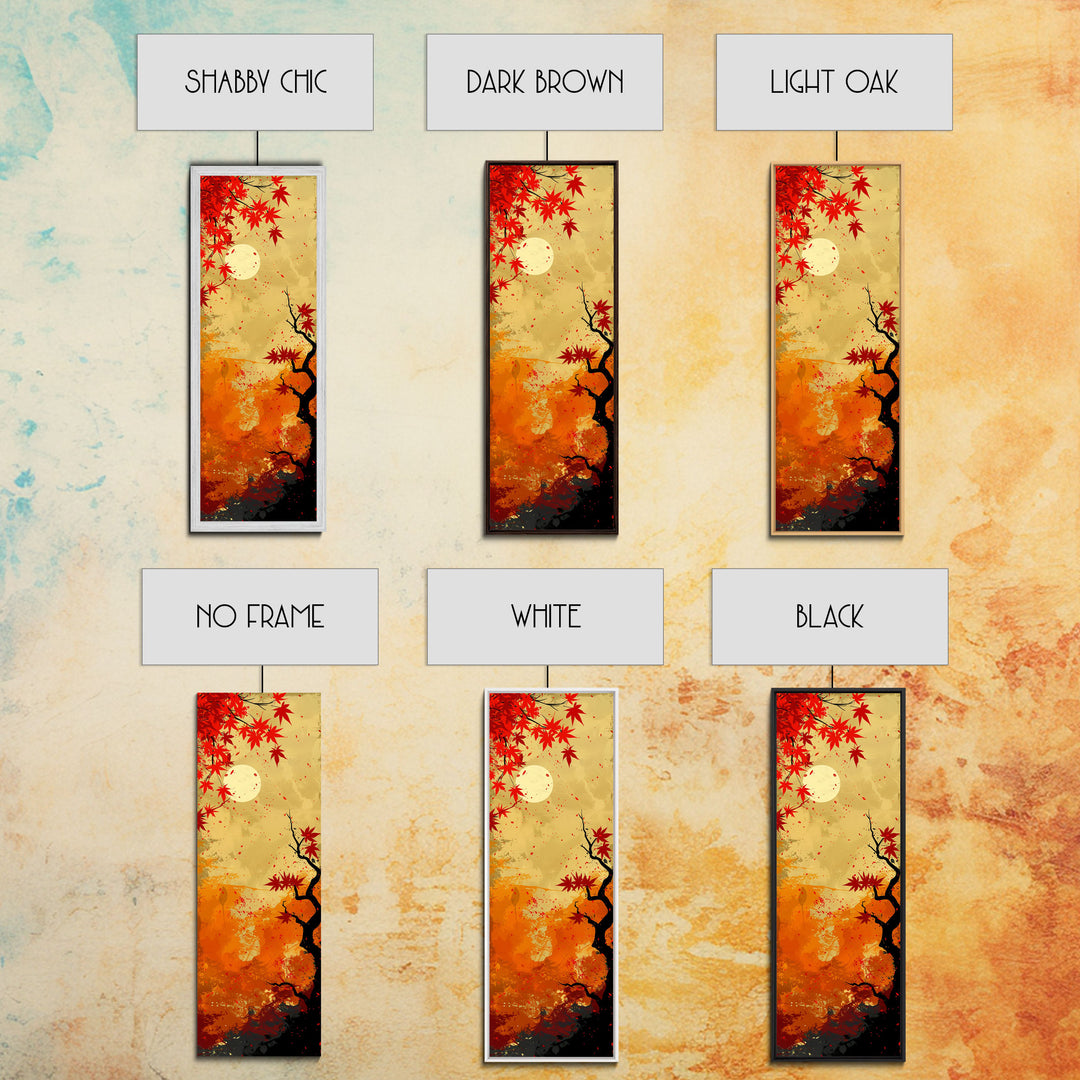 Dramatic Red Autumn Leaves Against Golden Sky Depicted Japanese Style Tall Framed Canvas Print Seasonal Wall Art