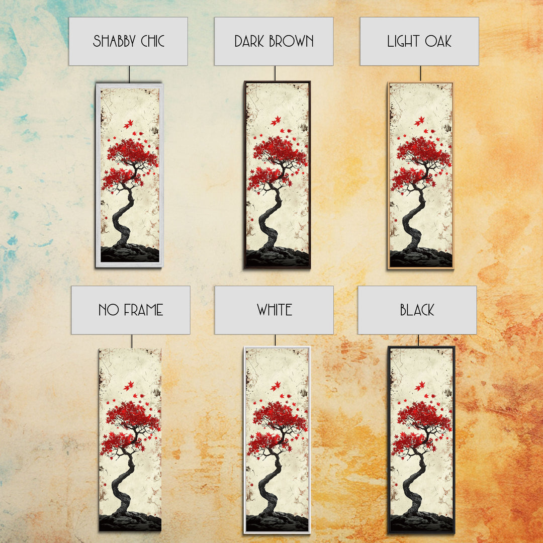 Red Maple Bonsai Tree Japanese Art Skinny Wall Art Framed Canvas Print with Windswept Branches and Red Leaves